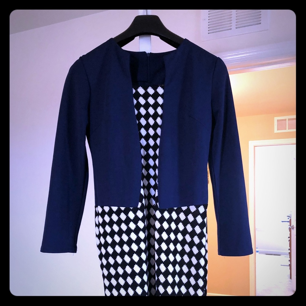 Navy Blue, black & white fitted mid length dress.